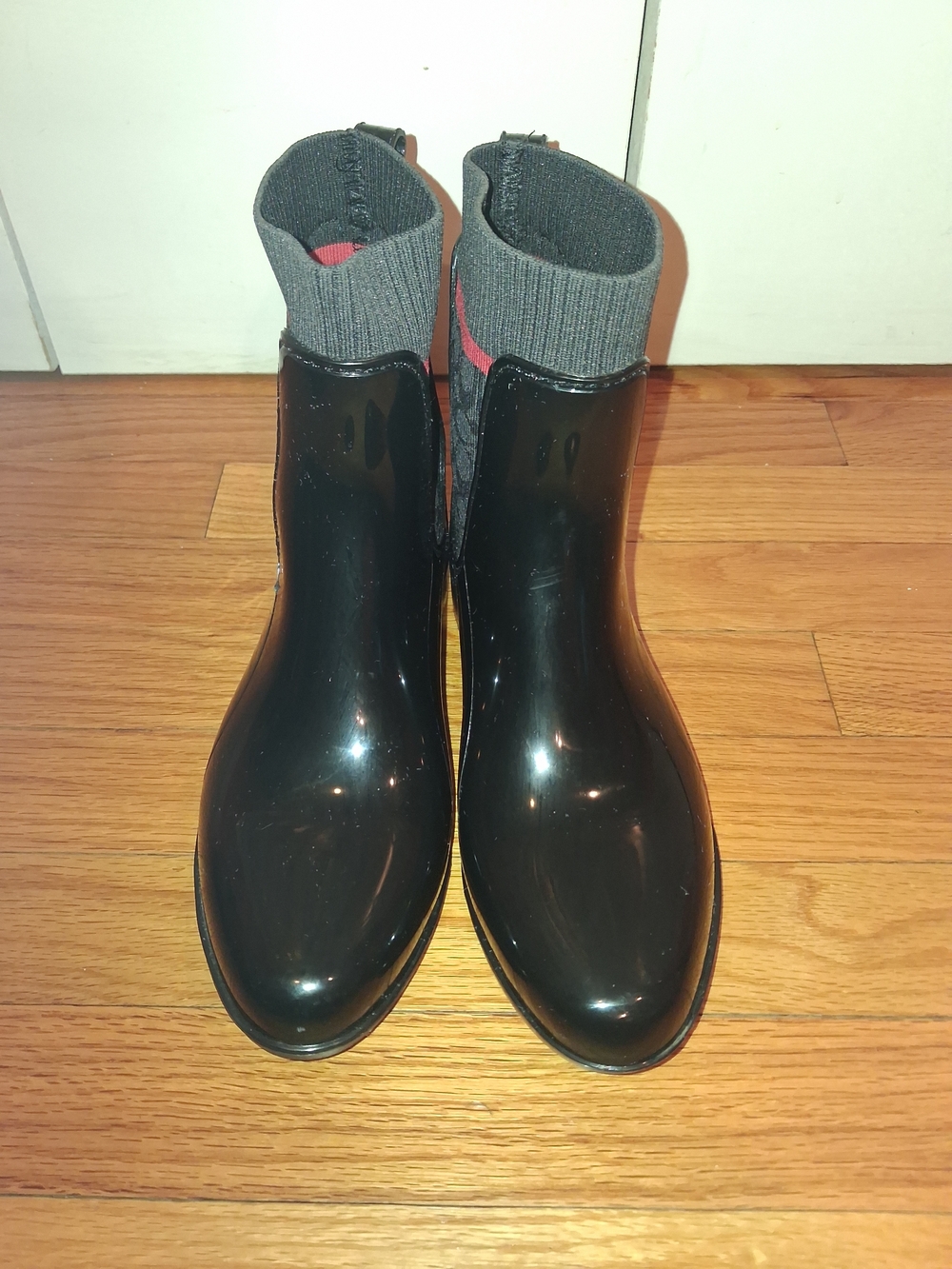 Coach Glossy Black Rain Ankle Boots with Gray Knit Cuff and Pink Tab